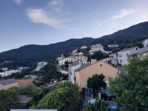 uma cidade numa colina com montanhas ao fundo em Jc 15 em San-Martino-di-Lota