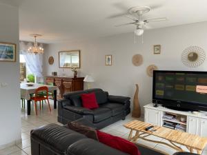 ein Wohnzimmer mit einem Sofa und einem Flachbild-TV in der Unterkunft maison Basque Maïana in Anglet