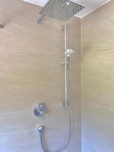 een douche met een douchekop in de badkamer bij Bungalow in Rottachs Bestlage in Rottach-Egern