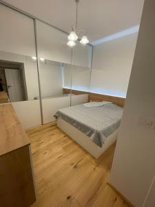 - une chambre avec un lit et un grand miroir dans l'établissement Delux apartment ARSO, à Velenje