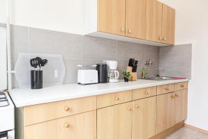 A kitchen or kitchenette at Pleasing 2BR Apt. AKH-Perfect for Groups