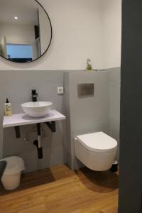 a bathroom with a sink and a toilet and a mirror at NEST'L Appartements & Zimmer in Mösern