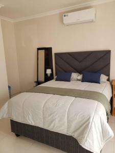 ein Schlafzimmer mit einem großen Bett mit blauen Kissen in der Unterkunft Kasuda - self contained room in Livingstone in Livingstone