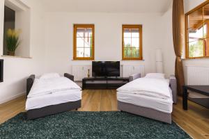 2 Betten im Wohnzimmer mit einem TV in der Unterkunft Apartmán Ela in Horní Blatná