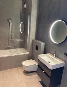 グダニスクにあるApartament Neptunのバスルーム(トイレ、洗面台、鏡付)
