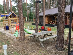 een picknicktafel en speeltuin voor een blokhut bij Domek Dębowy 1 in Lubniewice +18 foto's