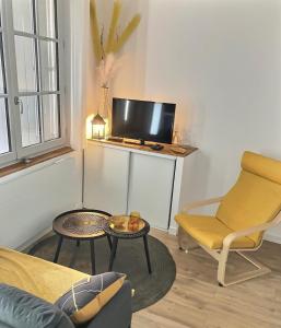 a living room with a couch and a table and a tv at L'Amarelo in Montauban