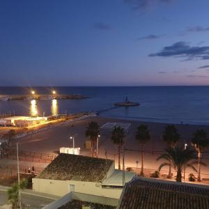 a view of a beach with palm trees and the ocean at Duplex zona centro in Villajoyosa