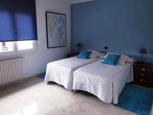 1 dormitorio con 1 cama grande y paredes azules en Casa Regina, en O Grove