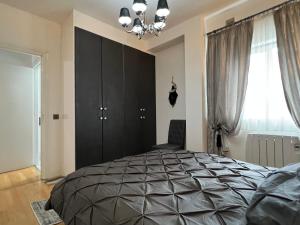 a bedroom with a large bed and a black cabinet at Lovely apartment in Cork in Cork