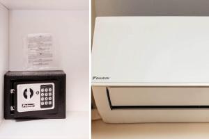 two pictures of a microwave and a white refrigerator at CHRISAVGI'S LUXURY HOUSE in Mantoúkion