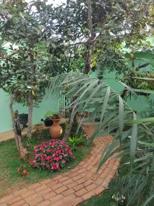 a garden with a vase and flowers on a brick path at Flores do Cerrado in Alto Paraíso de Goiás