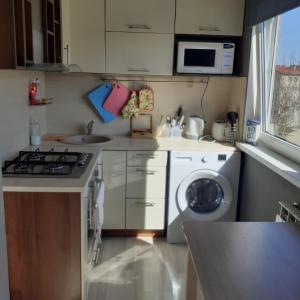a small kitchen with a washing machine and a sink at Rakvere studio in Narva