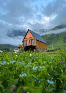 a small house in a field with mountains in the background at mood villa Kazbegi in Stepantsminda
