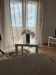 a vase of flowers on a table in front of a window at Apartment Frina II, Island Hvar in Jelsa