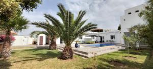 a villa with a swimming pool and palm trees at Villa CLIMATISEE avec piscine privée, ras el ma in Tazagouin