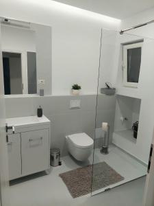 a white bathroom with a toilet and a sink at Blue Central House, curte proprie in Oradea