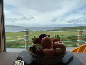 a bowl of fruit on a table in front of a window at Coral Cabins in Dunvegan