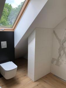 an attic bathroom with a toilet and a window at Apartament na Podlasiu in Mielnik