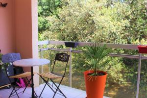 een veranda met een tafel en stoelen en een potplant bij Appartement cozy aux Beaux Arts - Casa La Selva in Montpellier