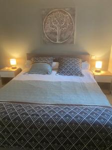 een slaapkamer met een groot bed met 2 lampen bij Meuble maison vigneronne in Saint-André-de-Sangonis