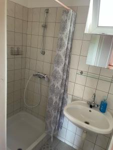 a bathroom with a sink and a shower with a shower curtain at Gábor Magánszállás Nagykanizsa Alkotmány út 195 in Palin