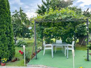 une table et des chaises sous une tonnelle dans un jardin dans l'établissement Wooden House, à Podgorica