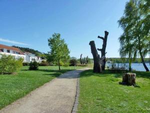 einen Fußweg in einem Park neben einem Baum in der Unterkunft Ferienwohnung "Am Seeufer" Objekt ID 12130 in Waren (Müritz)