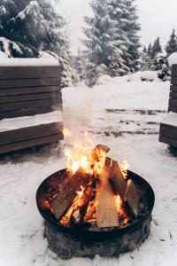 a fire pit with flames in the snow at Space Place in Yablunytsya