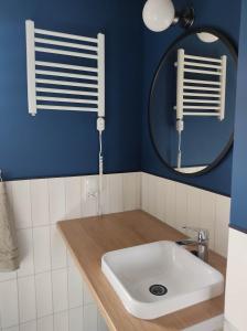 un baño con lavabo y espejo en Wdzydzka Chatka, en Wdzydze Tucholskie