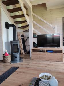 sala de estar con TV y estufa de leña en Wdzydzka Chatka, en Wdzydze Tucholskie 47 fotos más