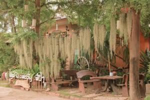 un giardino con recinzione, tavolo e alberi di Thai Lao Resort and Spa โรงแรมไทลาว รีสอร์ท แอนด์ สปา a Nakhon Phanom