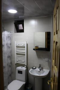 ein kleines Badezimmer mit Toilette und Waschbecken in der Unterkunft Likani-house's Cottage in Bordschomi + 15 Fotos