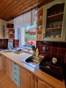a kitchen with a sink and a counter top at Chata Anna in Nižné Hágy