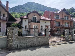 eine Gruppe von Häusern hinter einem Steinzaun in der Unterkunft VILA ANA in Băile Herculane