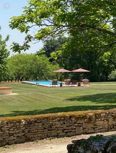 una piscina con 2 sombrillas y 2 bancos en Domaine Truffier du Grand Merlhiot en Savignac-les-Églises