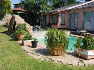 a house with a swimming pool and plants in a yard at Garden Cottage in Alberton