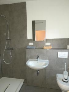 uma casa de banho com um lavatório e um chuveiro com um espelho. em Haus Guttenberg em Guttenberg