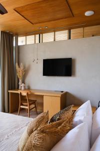 a bedroom with a bed and a desk with a television at Birdcage 33 Hotel - Adult Only in Yalıkavak