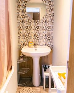 une salle de bain avec un lavabo blanc et un miroir dans l'établissement Uroczysko Warta, à Uniejów