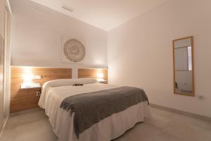 1 dormitorio con 1 cama grande y espejo en Apartamentos turísticos De La Abuela Carmen, en Estepona