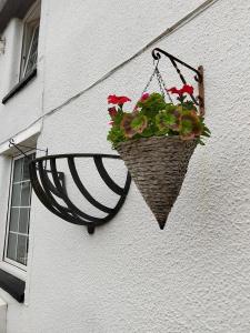 a hanging planter with flowers on a wall at Rooms by the River at Glan Aber in Corwen