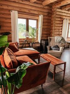 a living room with a couch and chairs in a log cabin at Sielski dom z basenem w Rydzewie in Rydzewo +35 photos