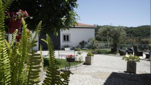 um jardim com plantas e cadeiras e um edifcio em Casas do Aidro em Freches