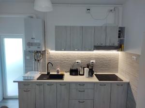 a kitchen with a sink and a counter top at Gigi Apartment in Cluj-Napoca