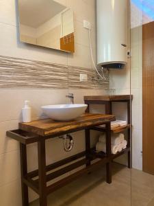 a bathroom counter with a sink and a mirror at apartma MAKS in Podbela