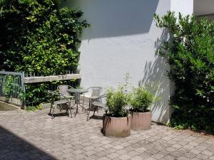 a patio with a table and chairs and plants at Bone ma in Bad Saulgau