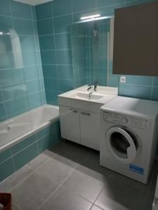 a bathroom with a washing machine and a sink at 100m lac et piste cyclable avec parking gratuit in Sévrier
