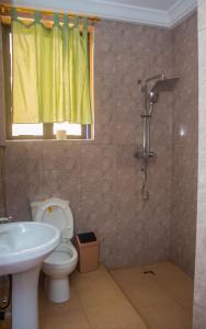 ein Bad mit einer Dusche, einem WC und einem Waschbecken in der Unterkunft Ruk's Hotel in Tamale