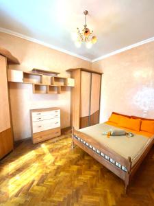 a bedroom with a bed and a dresser in it at Подобово квартира у Львові на вулиці Огієнка 11 біля Залізничного вокзалу in Lviv